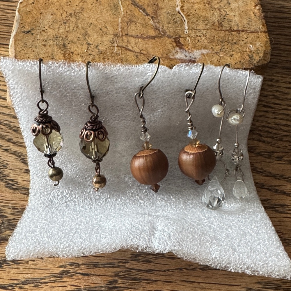 Holiday earring 3 pair dangly hand made NEW quarts pearl silver copper acorn!